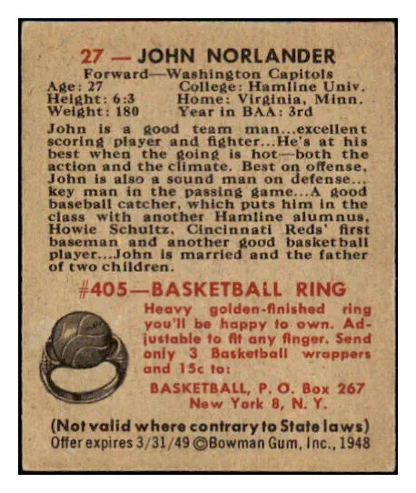 1948 Bowman Basketball #027 John Norlander Capitols EX-MT 507265