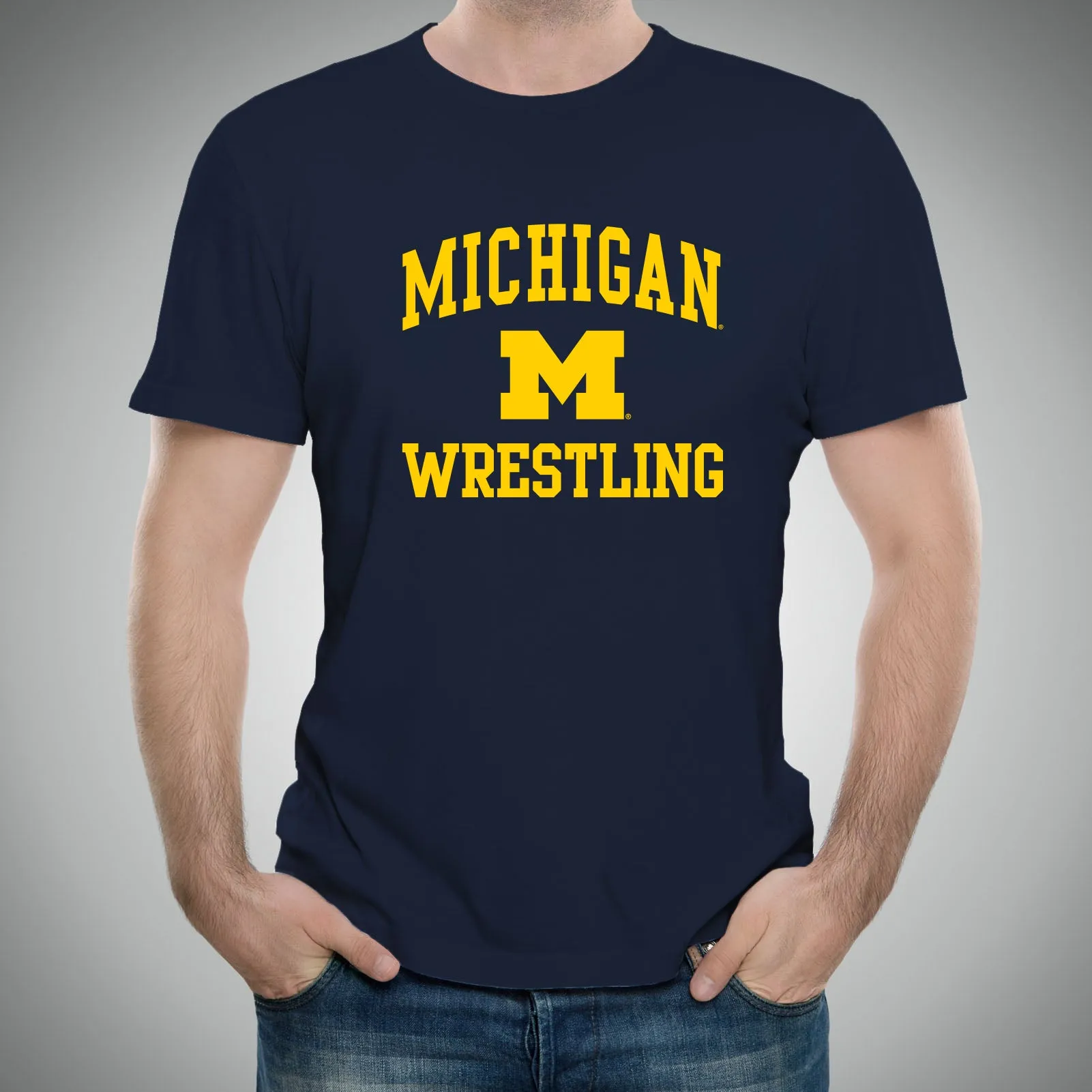 Arch Logo Wrestling University of Michigan Basic Cotton Short Sleeve T Shirt - Navy
