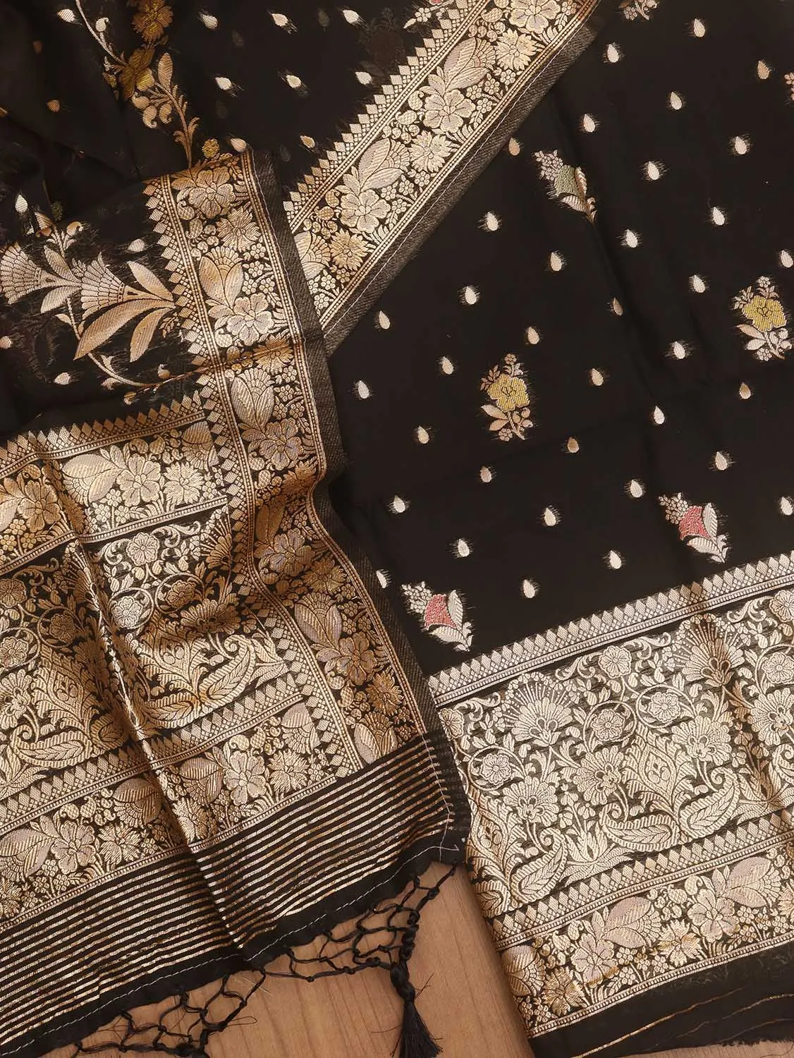 Black Banarasi Organza Silk Three Piece Unstitched Suit Set