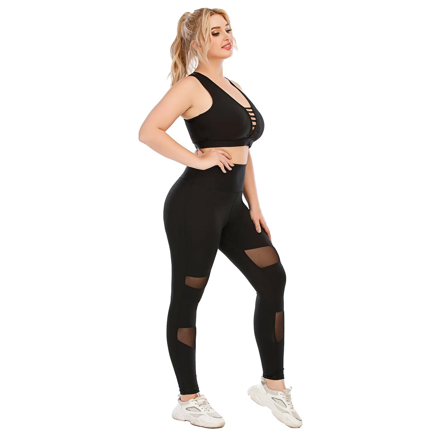 Black Cutout Sport Bra & Mesh Leggings Curve Fitness Yoga Suits Plus Size Two Piece Sets Wholesale Activewears