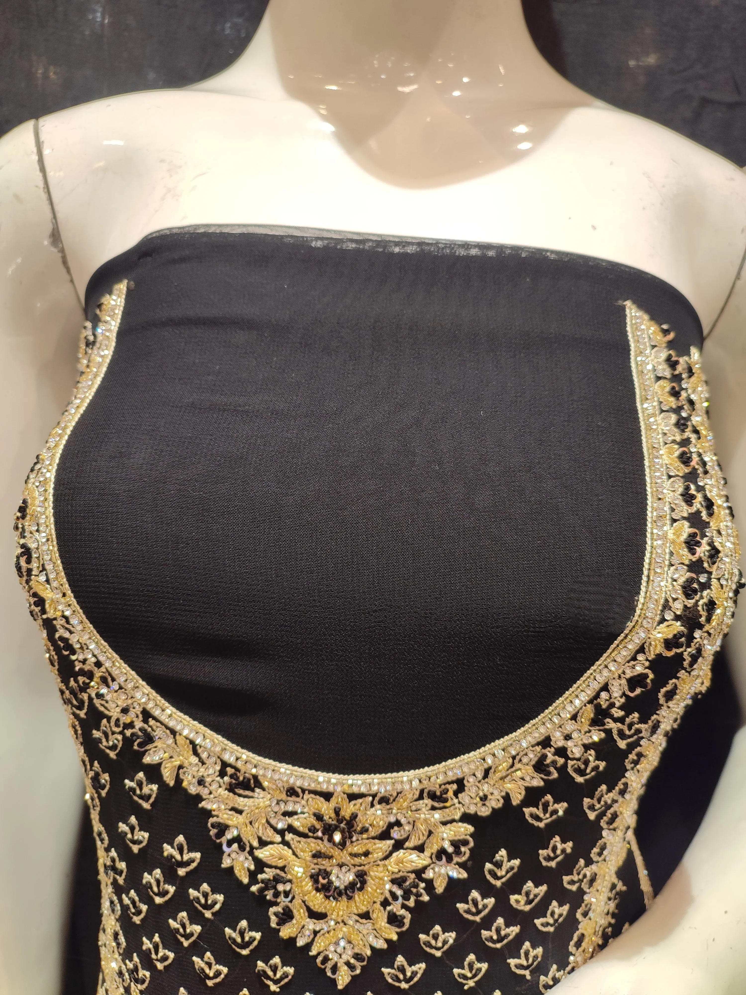 Black Georgette Unstitched Suit With Cutdana, Jarkan And Resham Hand Embroidery