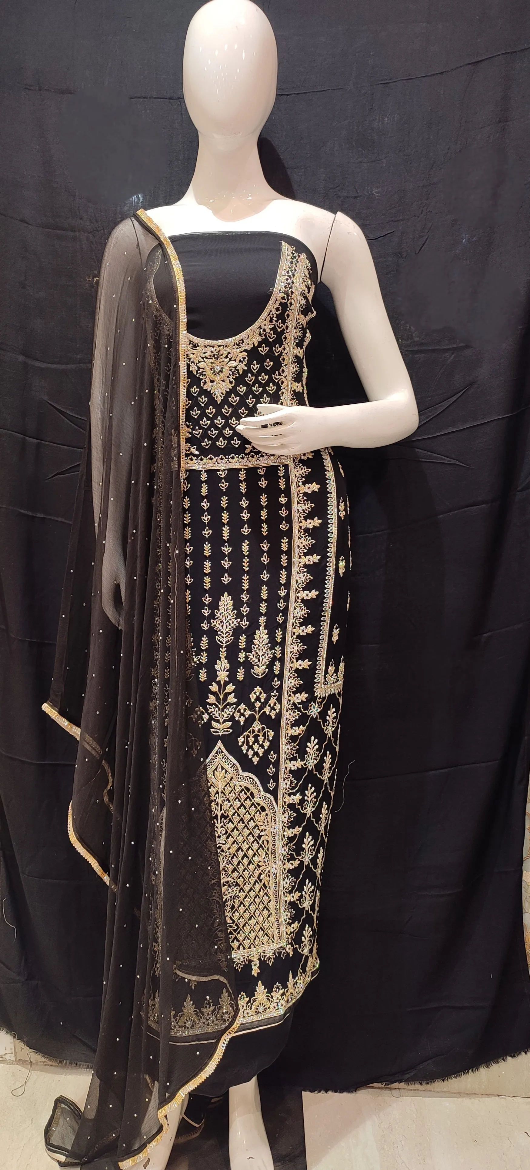 Black Georgette Unstitched Suit With Cutdana, Jarkan And Resham Hand Embroidery