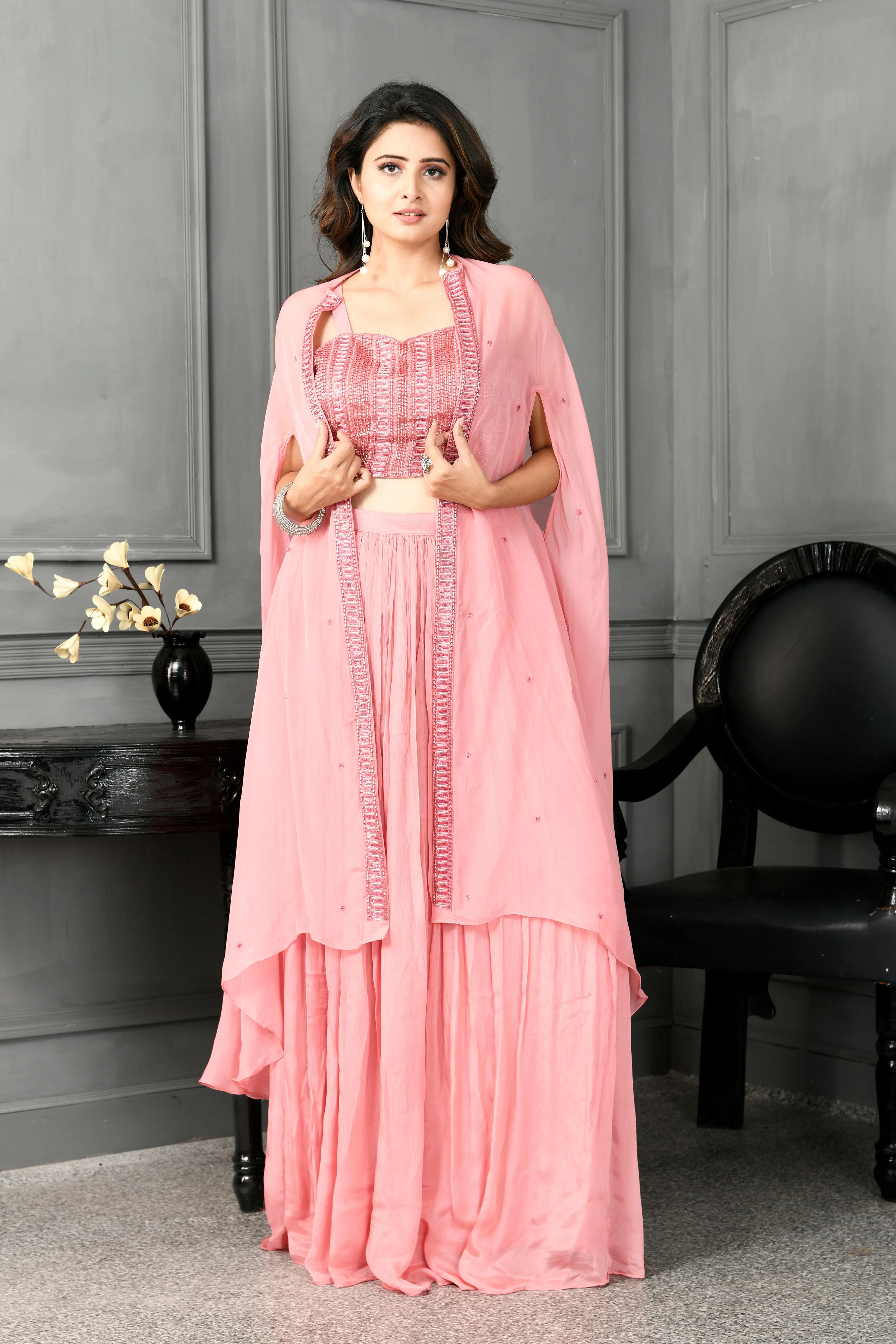 Chinon Blouse and Skirt with Cutdana Work and Jacket