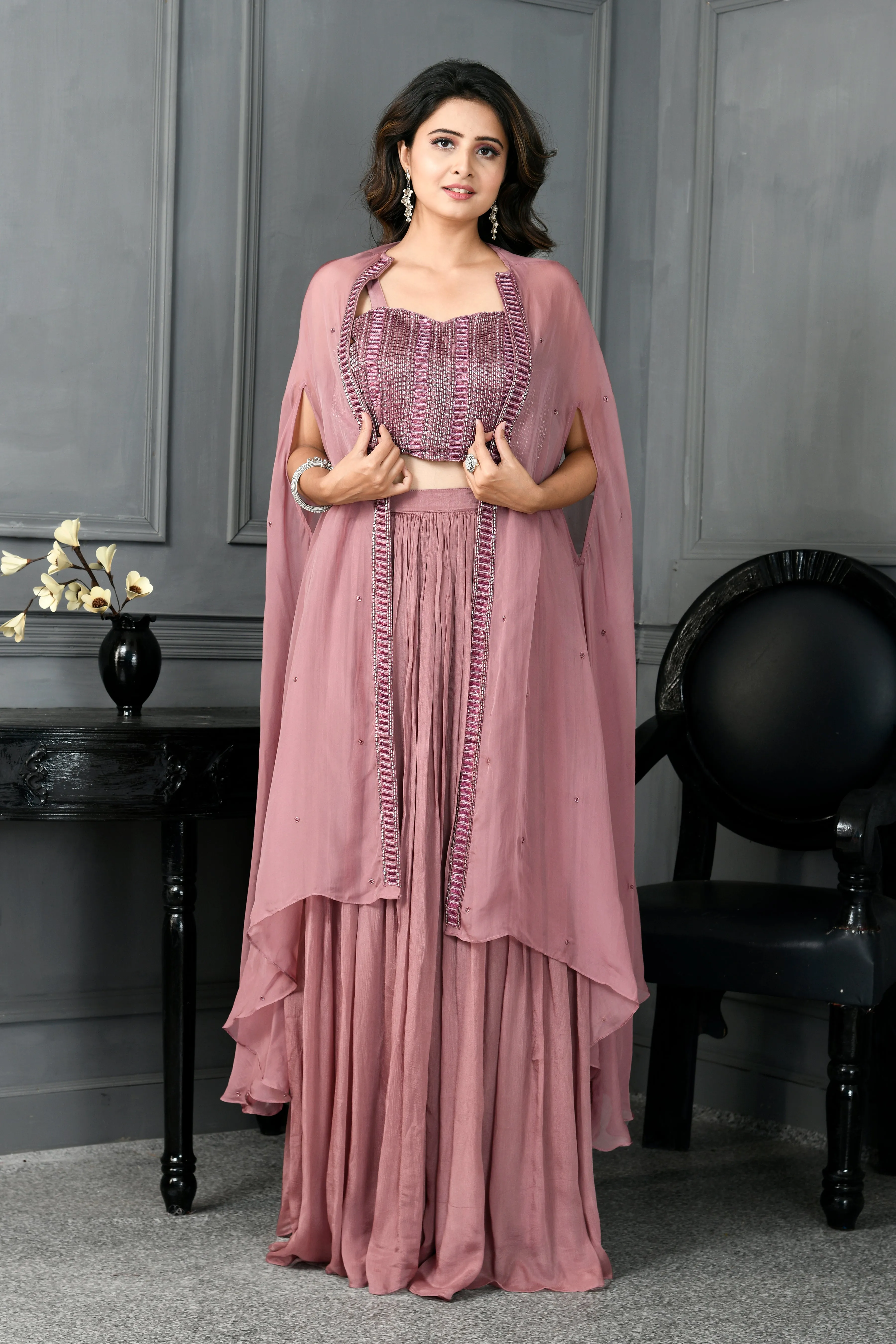 Chinon Blouse and Skirt with Cutdana Work and Jacket