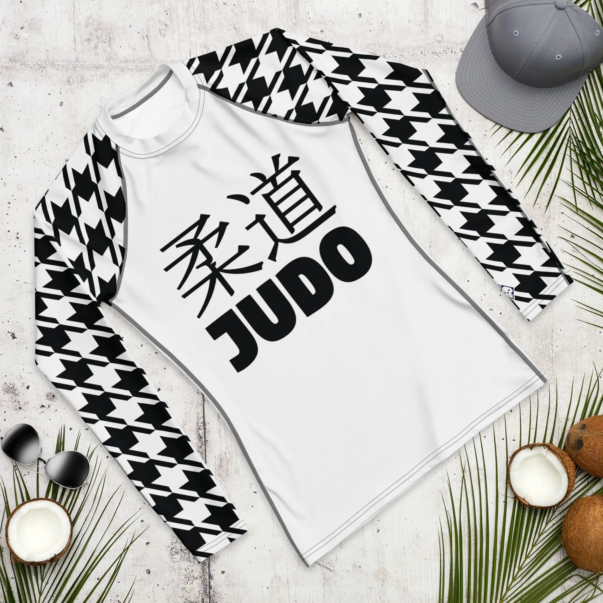 Dynamic Defense: Men's Classic Judo Houndstooth BJJ Rash Guard Blanc