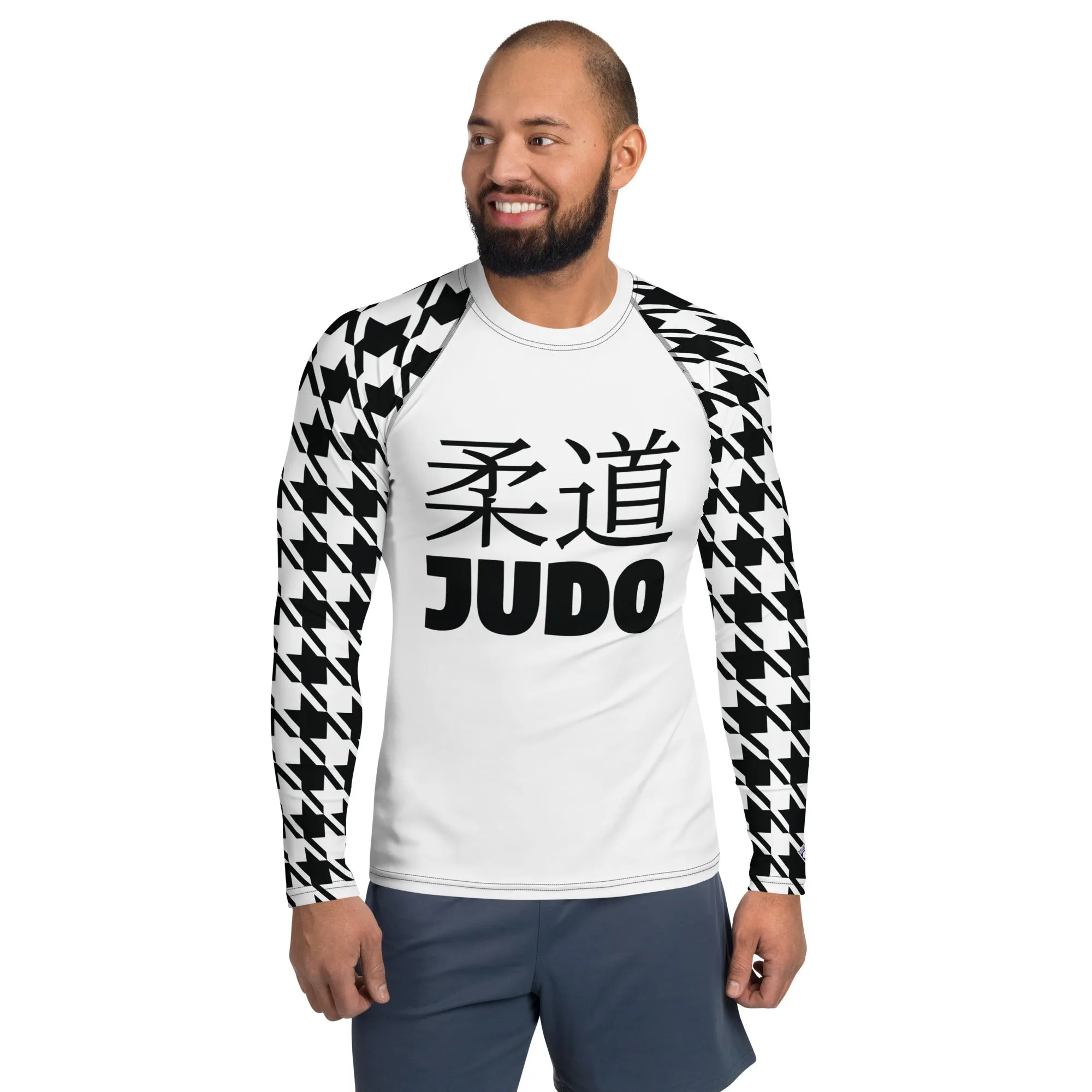 Dynamic Defense: Men's Classic Judo Houndstooth BJJ Rash Guard Blanc