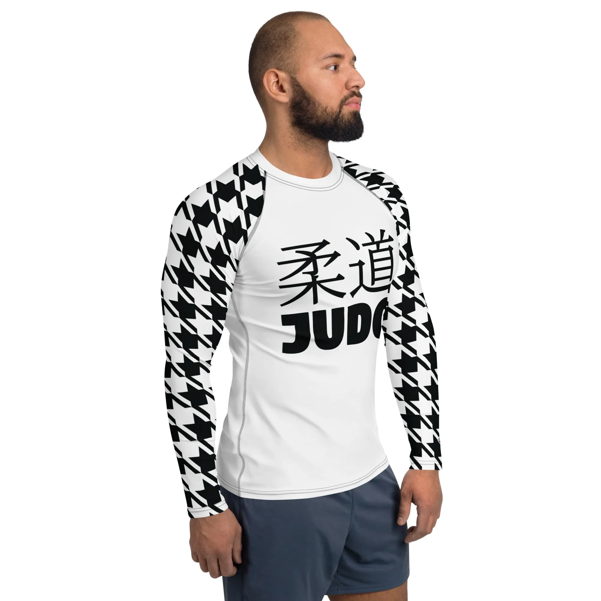Dynamic Defense: Men's Classic Judo Houndstooth BJJ Rash Guard Blanc