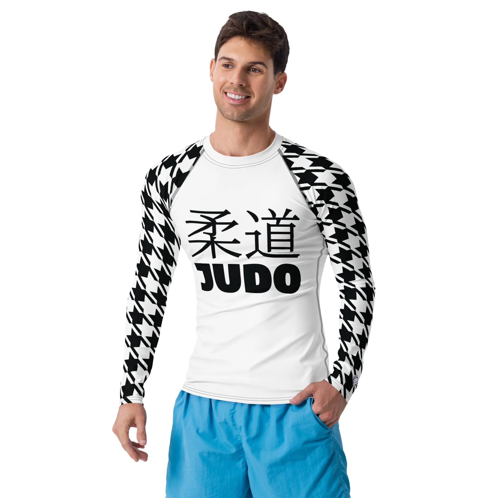 Dynamic Defense: Men's Classic Judo Houndstooth BJJ Rash Guard Blanc