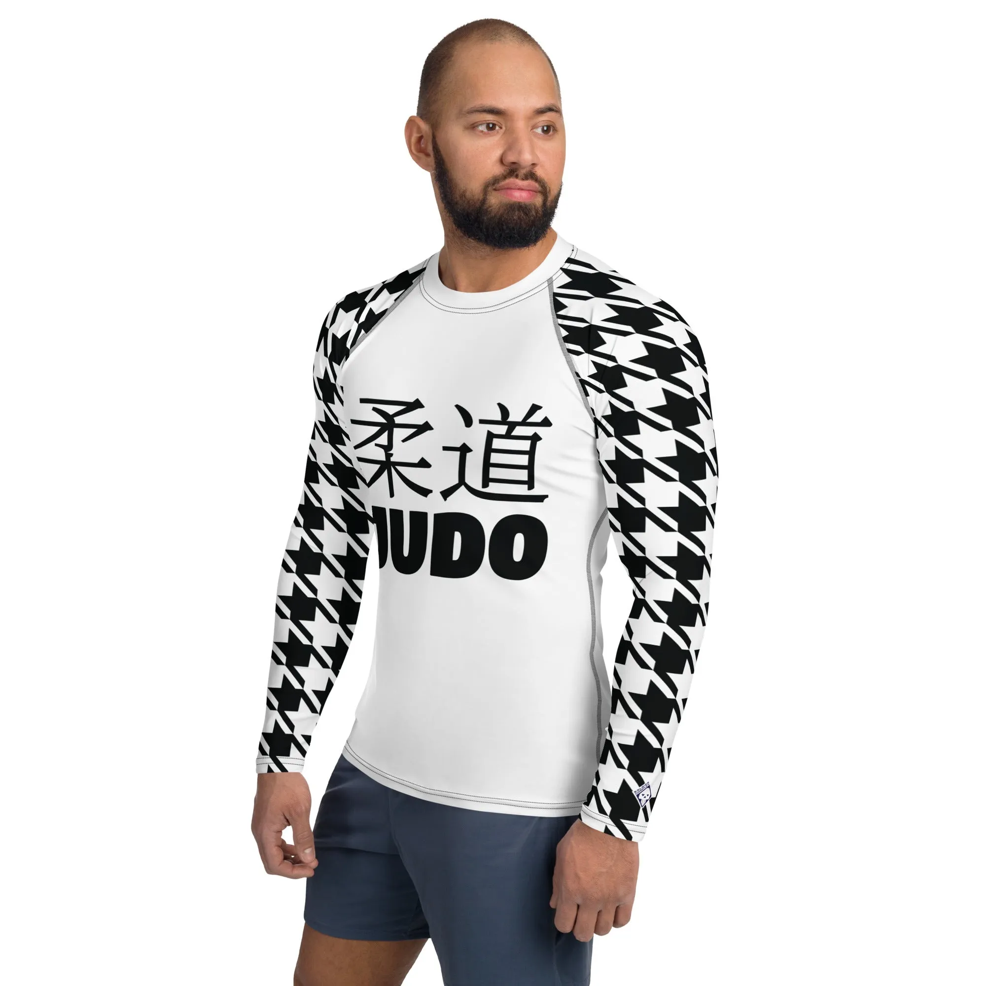 Dynamic Defense: Men's Classic Judo Houndstooth BJJ Rash Guard Blanc