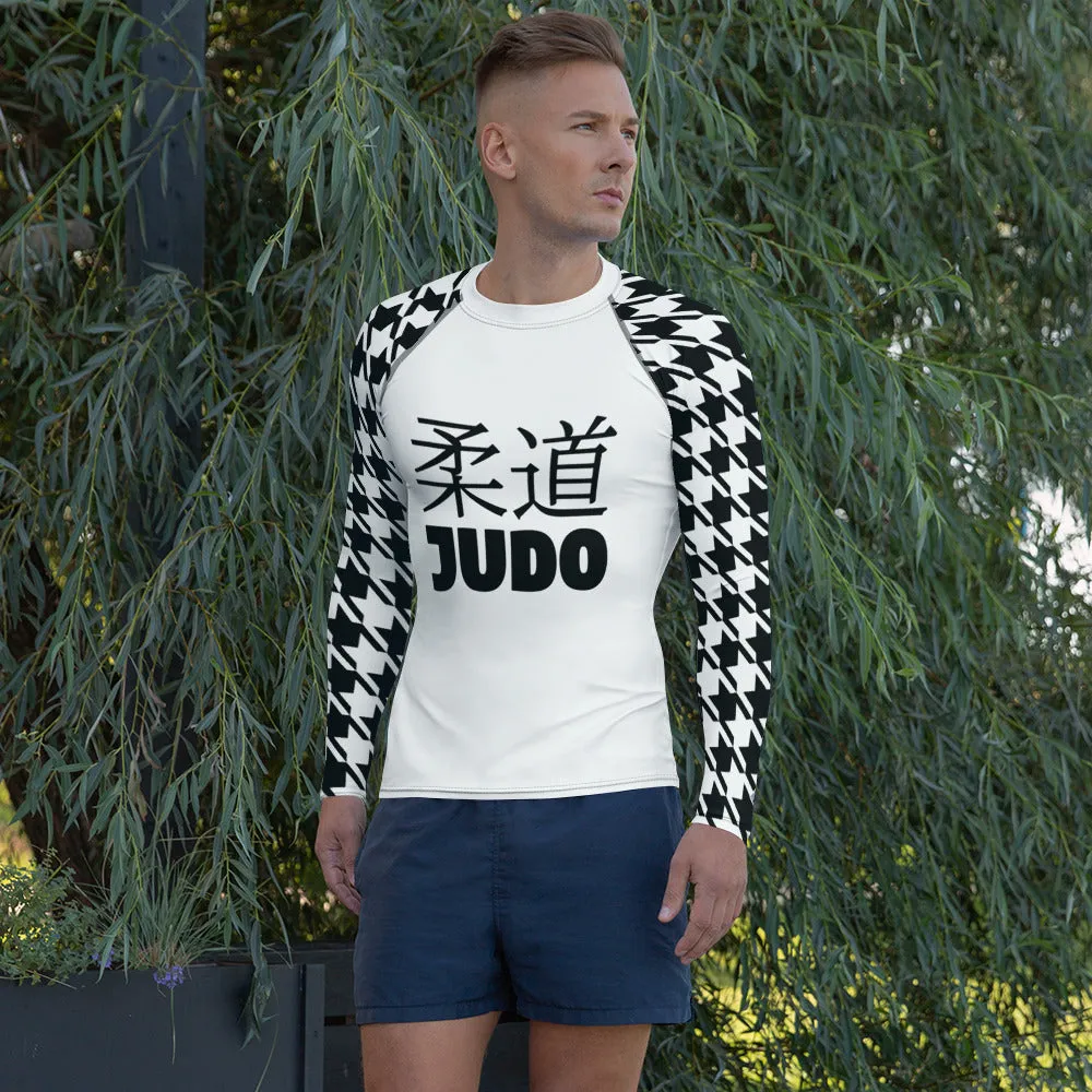 Dynamic Defense: Men's Classic Judo Houndstooth BJJ Rash Guard Blanc