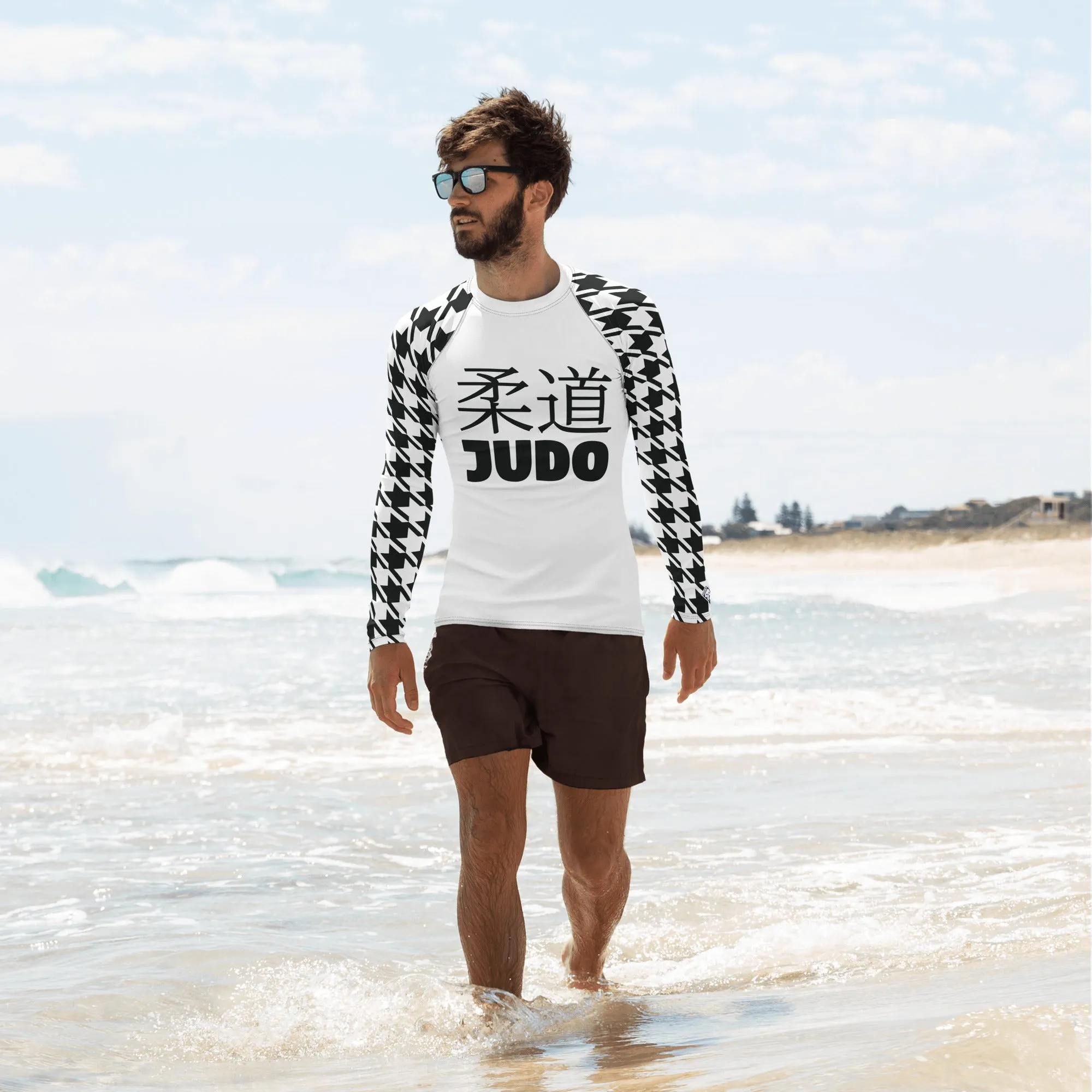 Dynamic Defense: Men's Classic Judo Houndstooth BJJ Rash Guard Blanc