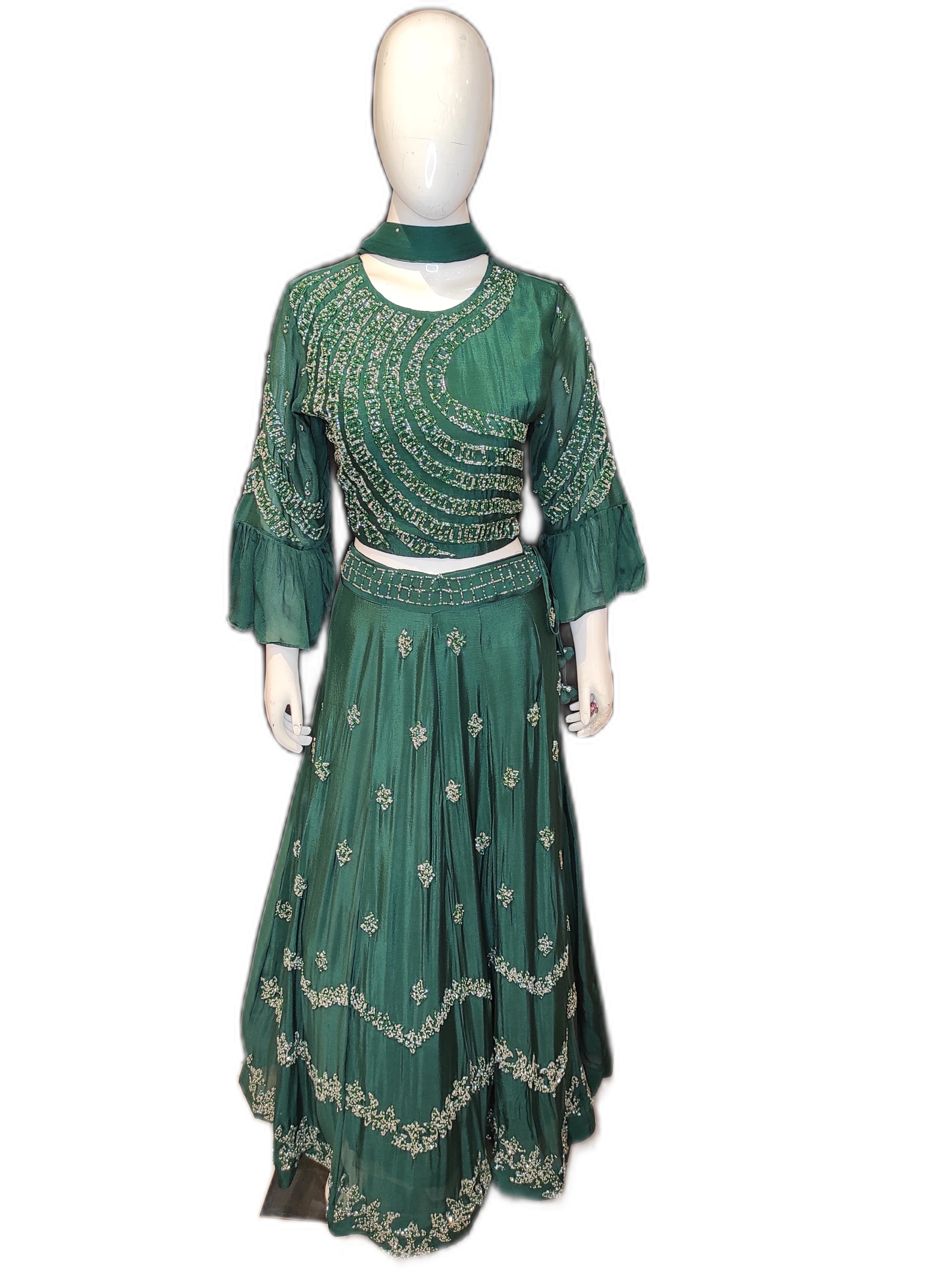Green Chinon  Crop Top With Skirt