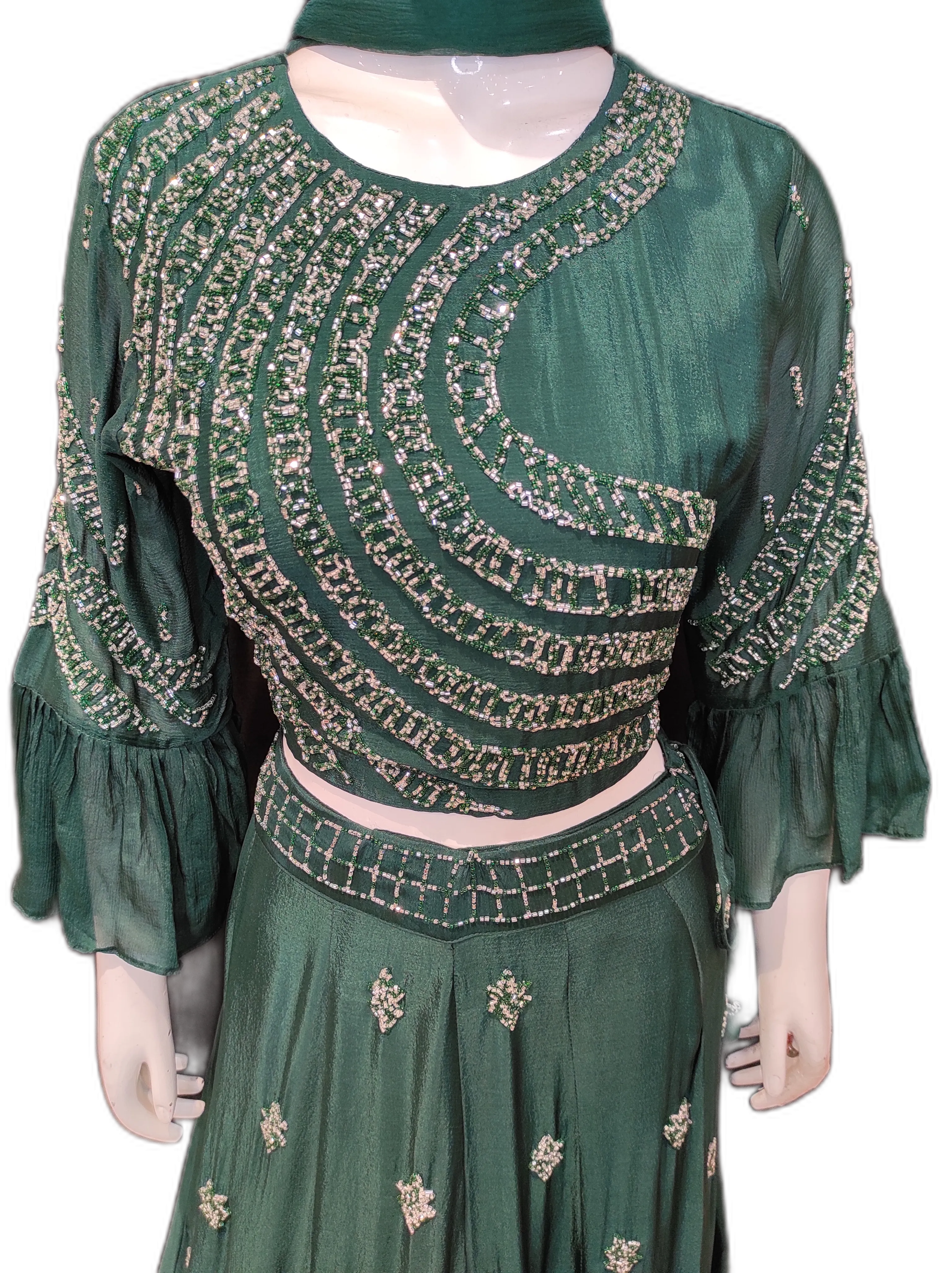 Green Chinon  Crop Top With Skirt