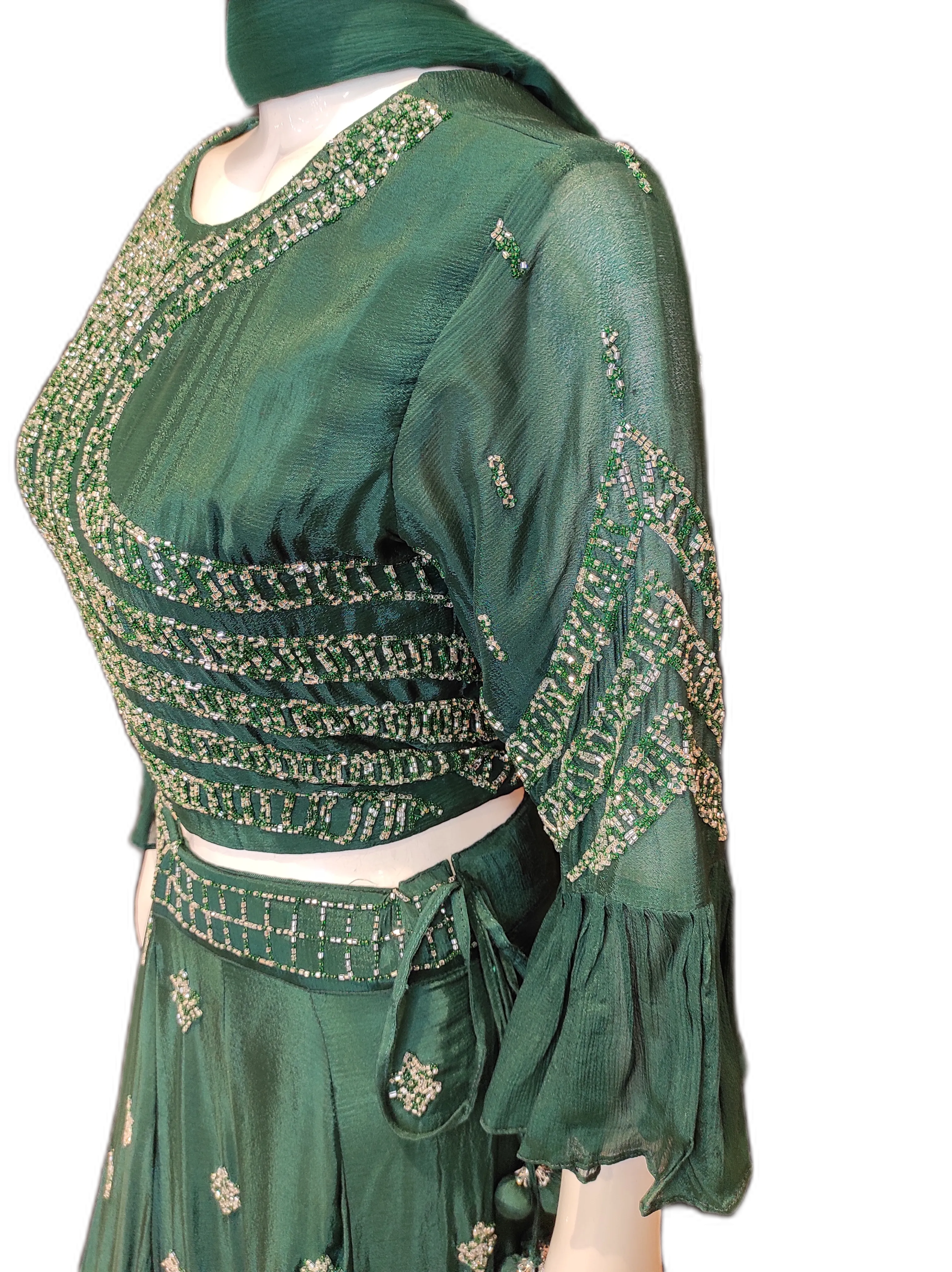Green Chinon  Crop Top With Skirt