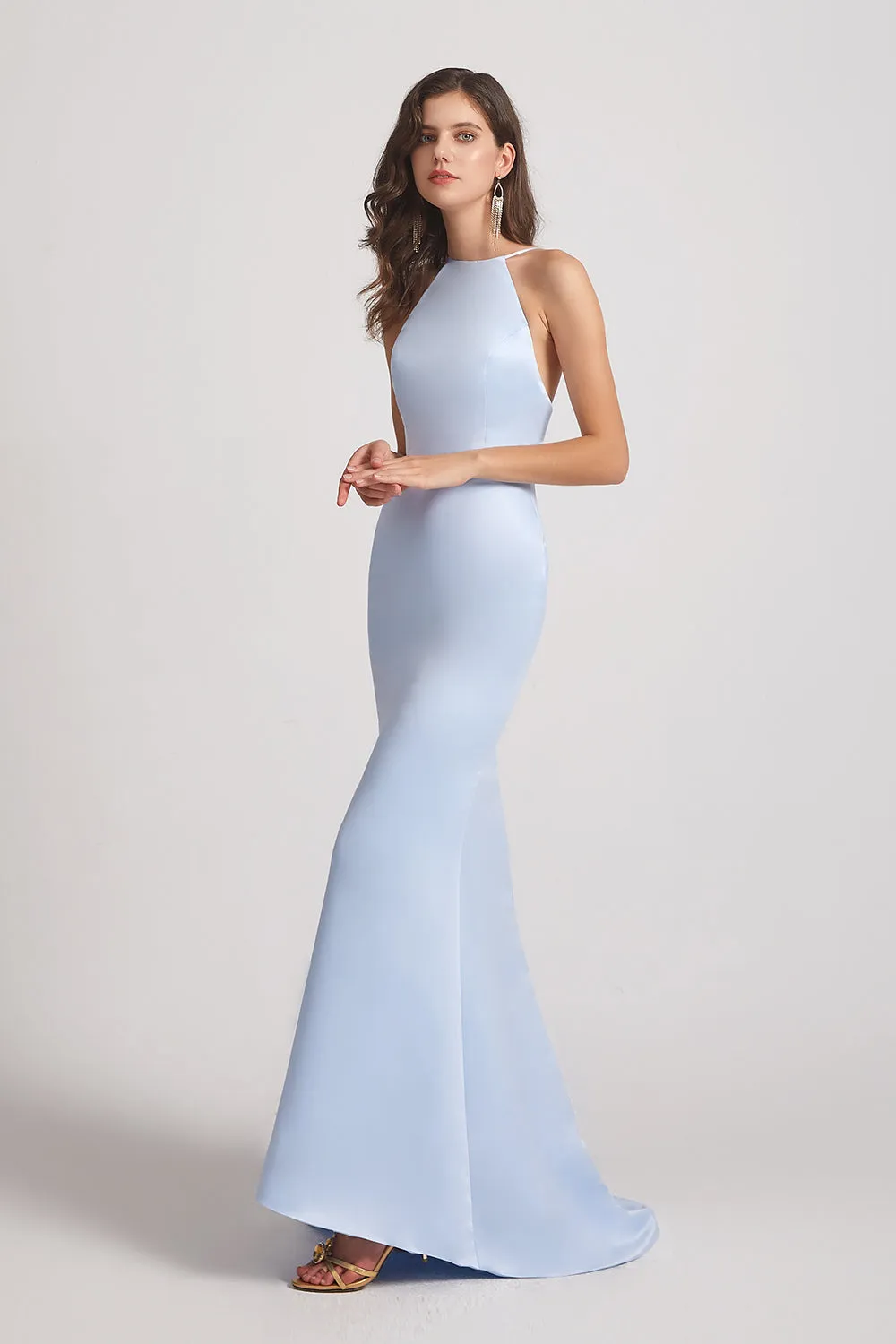 Halter Criss-Cross Satin Long Bridesmaid Dresses (AF0164)