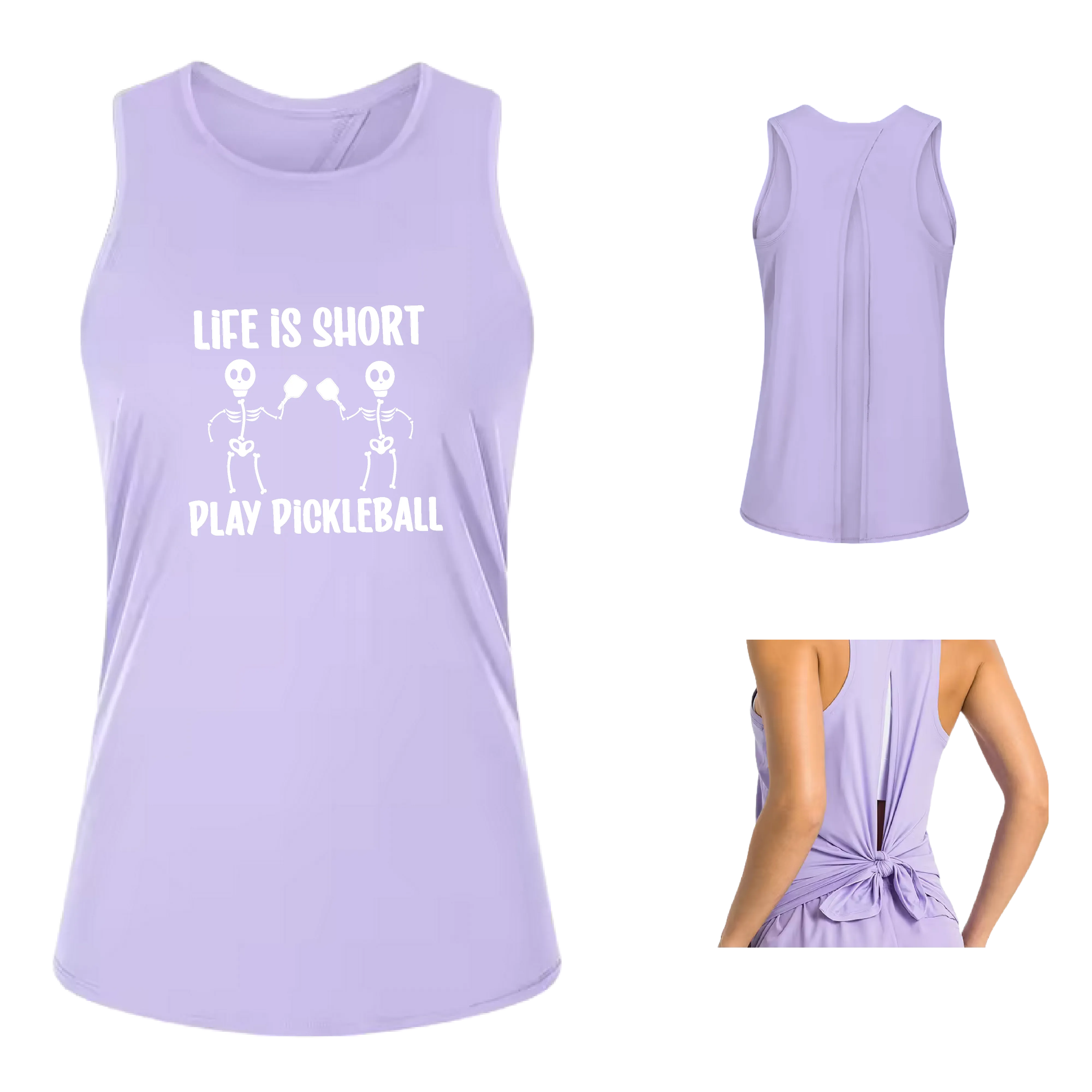 Life is Short Skeletons | Women's Split Back or Tied Back Pickleball Tank | 80/20 Nylon Spandex Mix