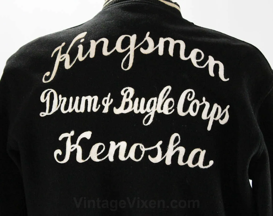 Men's Large Letter Jacket - Drum & Bugle Corps - 1950s Kenosha Kingsmen Athletic Sports Jacket - Black Wool with Chain Stitching - Chest 46