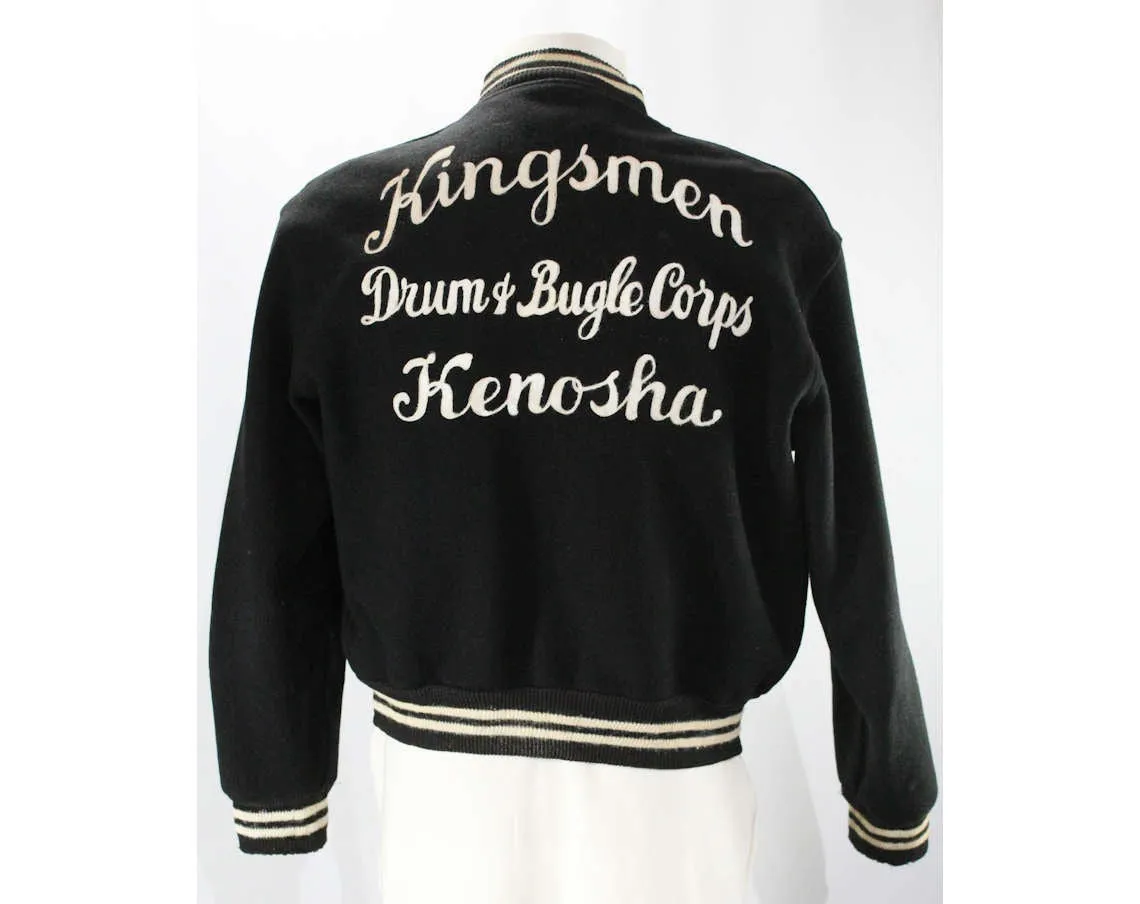 Men's Large Letter Jacket - Drum & Bugle Corps - 1950s Kenosha Kingsmen Athletic Sports Jacket - Black Wool with Chain Stitching - Chest 46