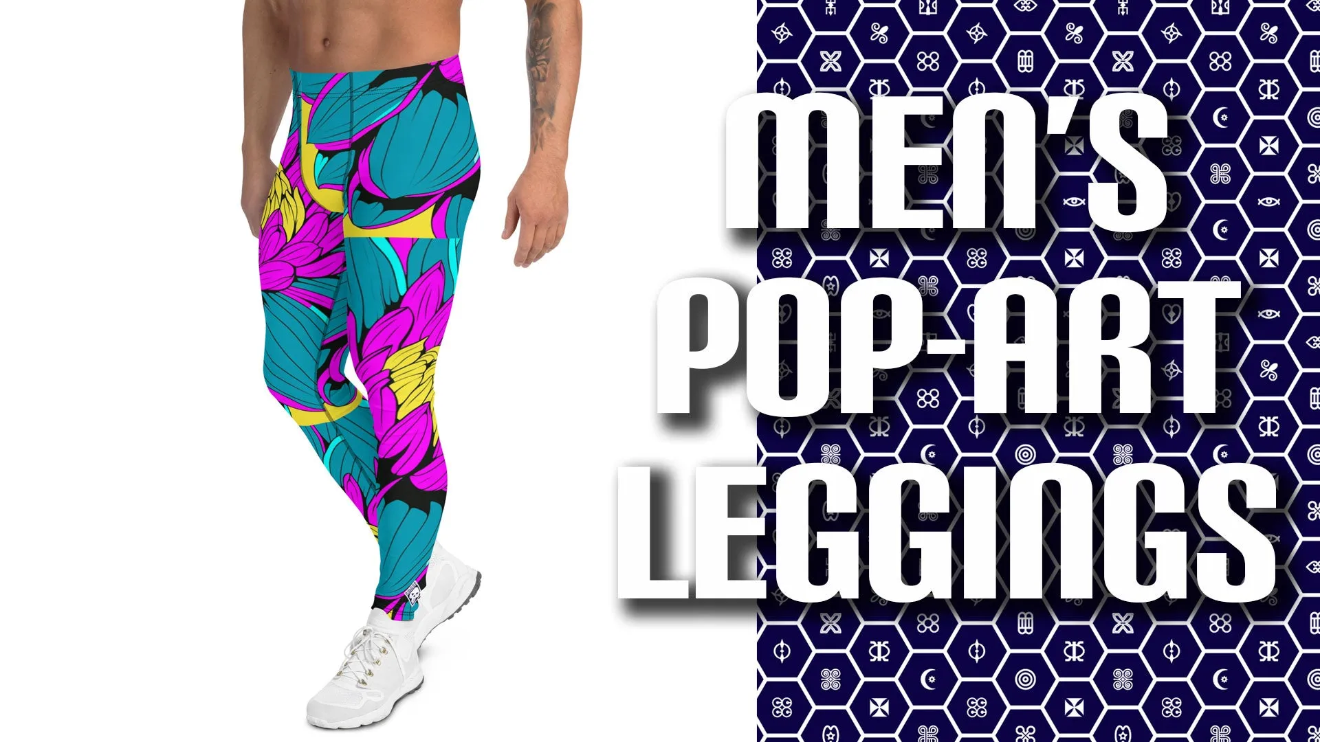 Men's Pop Art Athletic Leggings - Roy Lichtenstein Inspired Dahlia Print 001