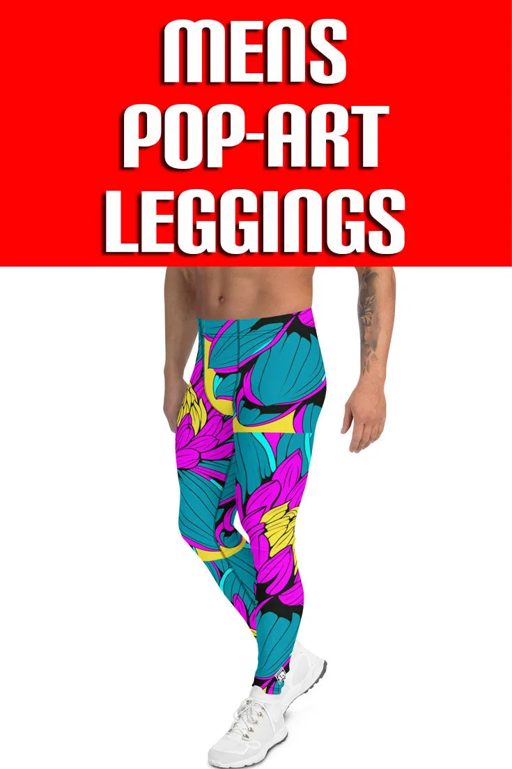 Men's Pop Art Athletic Leggings - Roy Lichtenstein Inspired Dahlia Print 001
