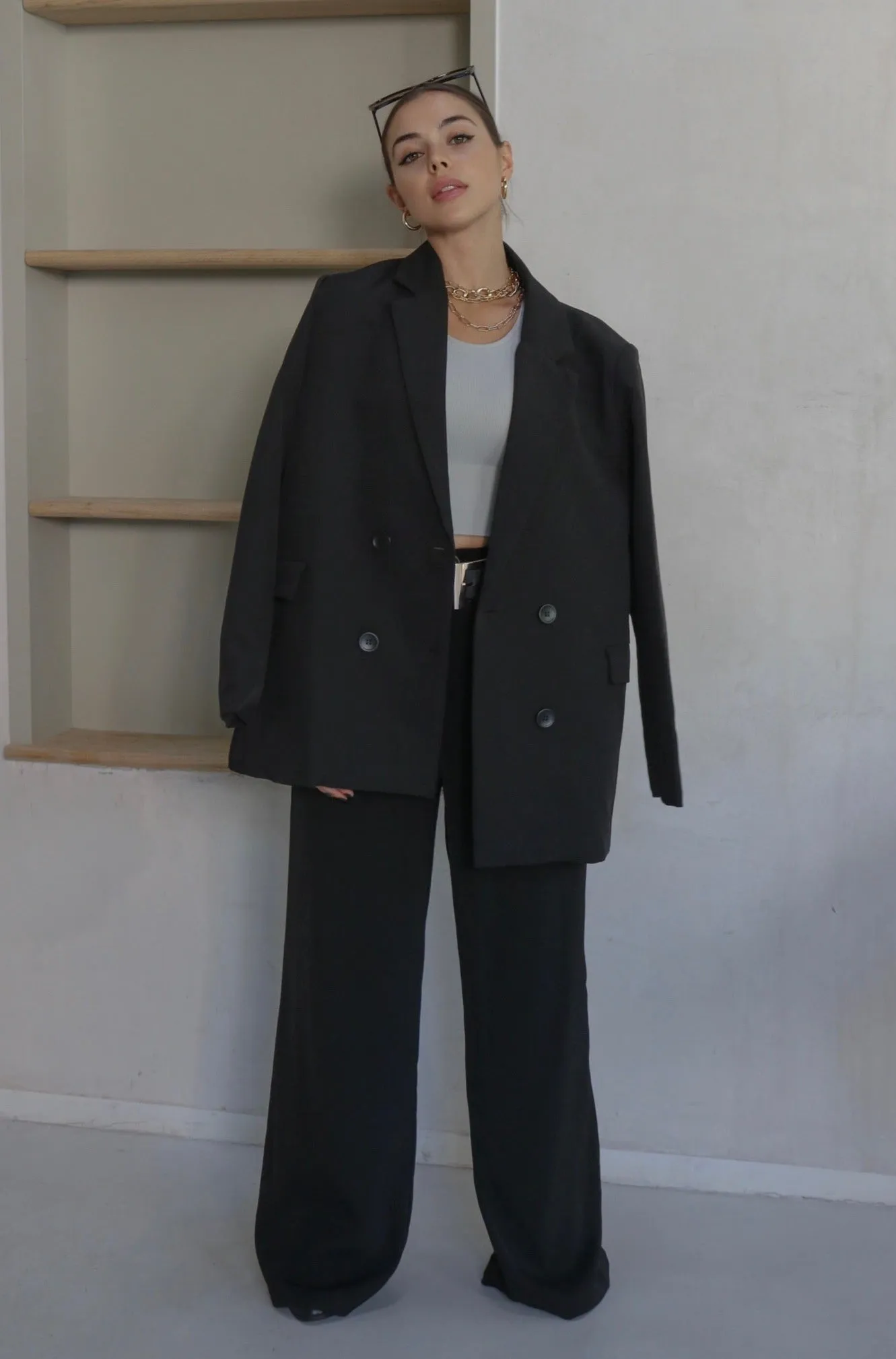 'Rhodes' Woven Oversized Double Breasted Blazer in Black