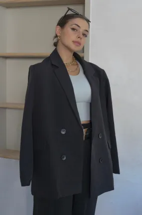 'Rhodes' Woven Oversized Double Breasted Blazer in Black