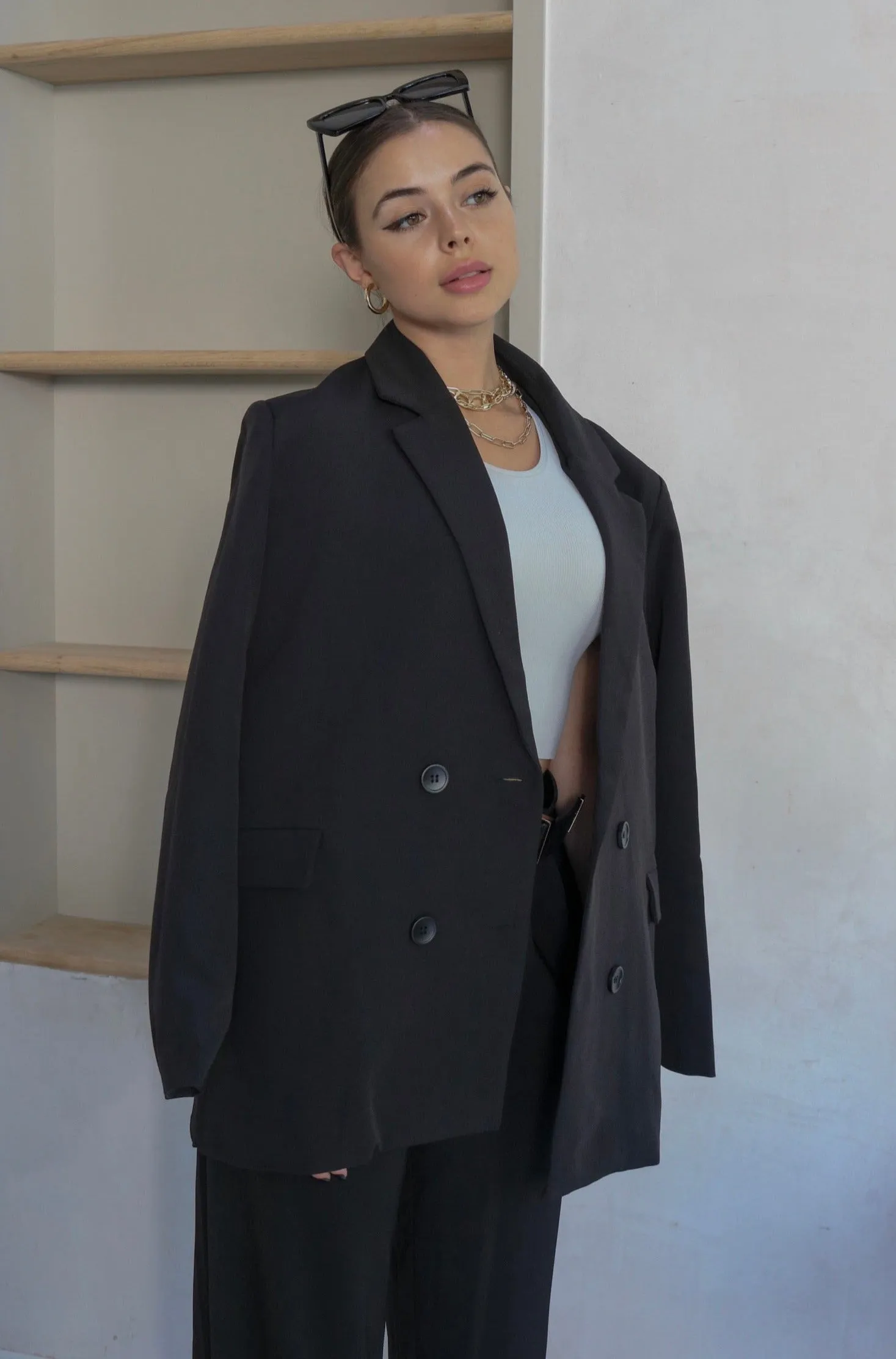 'Rhodes' Woven Oversized Double Breasted Blazer in Black